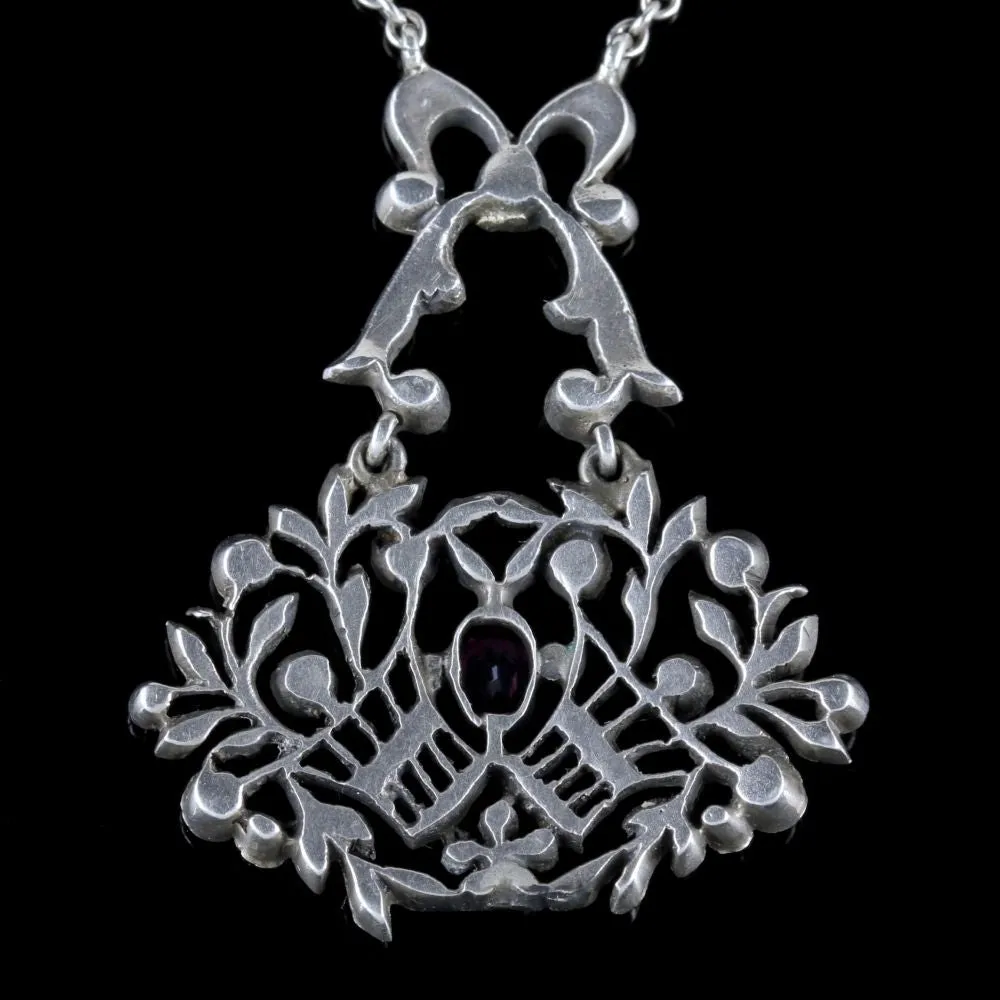 Antique Edwardian Suffragette Giardinetti Paste Lavaliere Necklace Silver