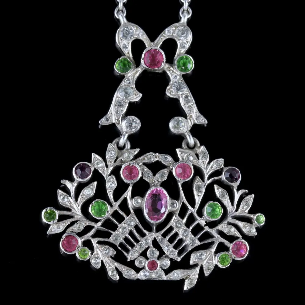 Antique Edwardian Suffragette Giardinetti Paste Lavaliere Necklace Silver