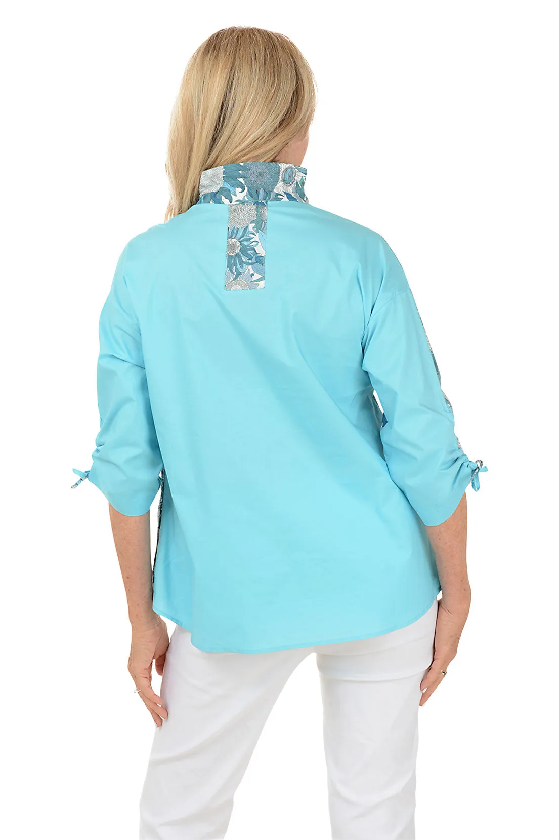 Aqua Sunflowers Ruched Sleeve Blouse