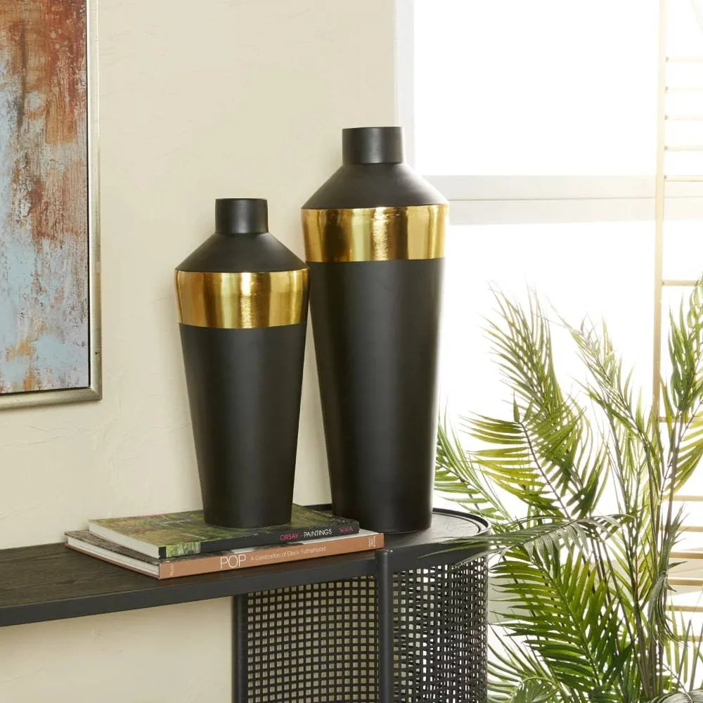 BOUSSAC Black Metal Vase with Gold Band, Set of 2 Home Decoration Vase
