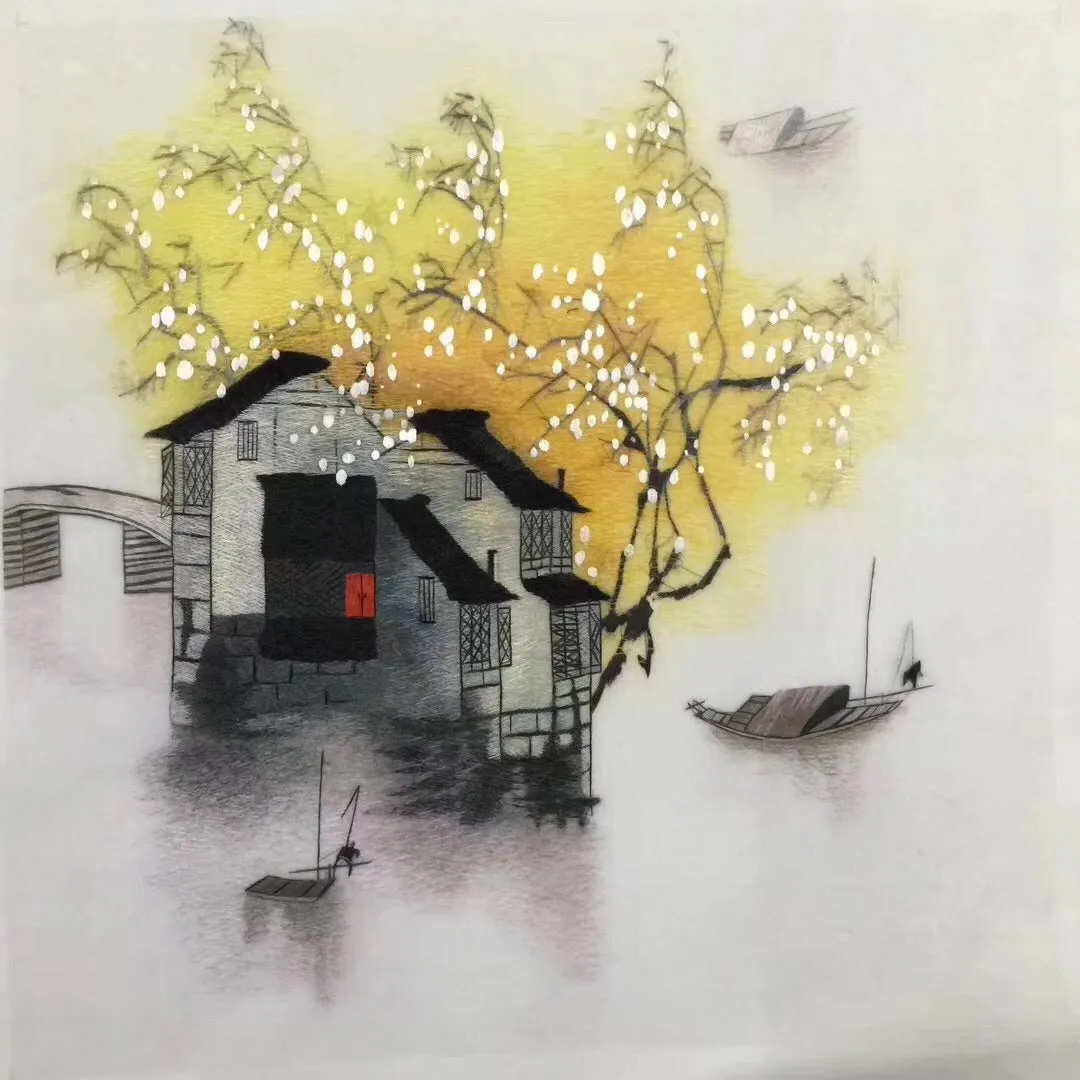 Delicate Hand Suzhou Embroidery Silk Art:watertown house vase flower still life 50cm 3918