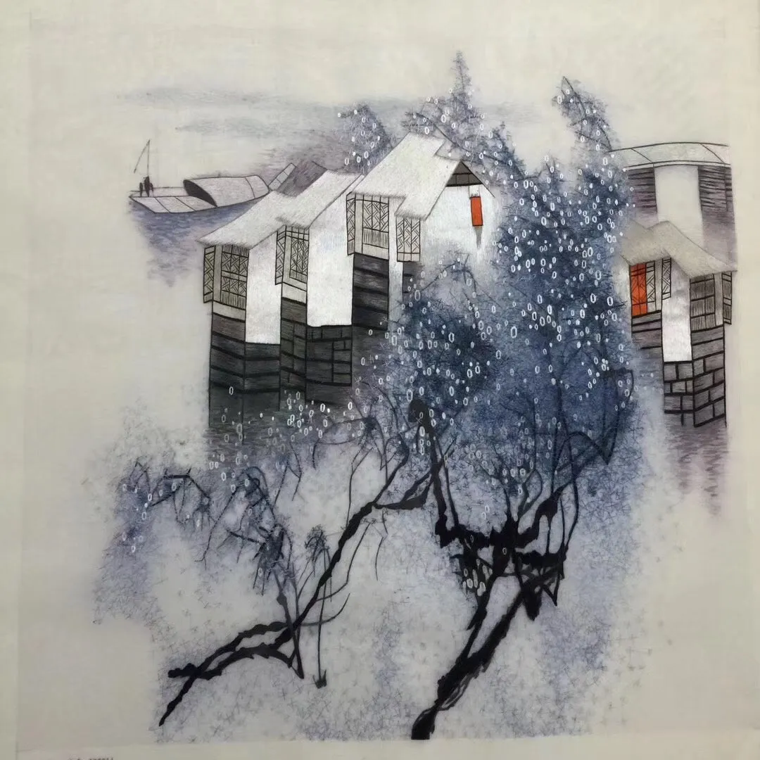 Delicate Hand Suzhou Embroidery Silk Art:watertown house vase flower still life 50cm 3918