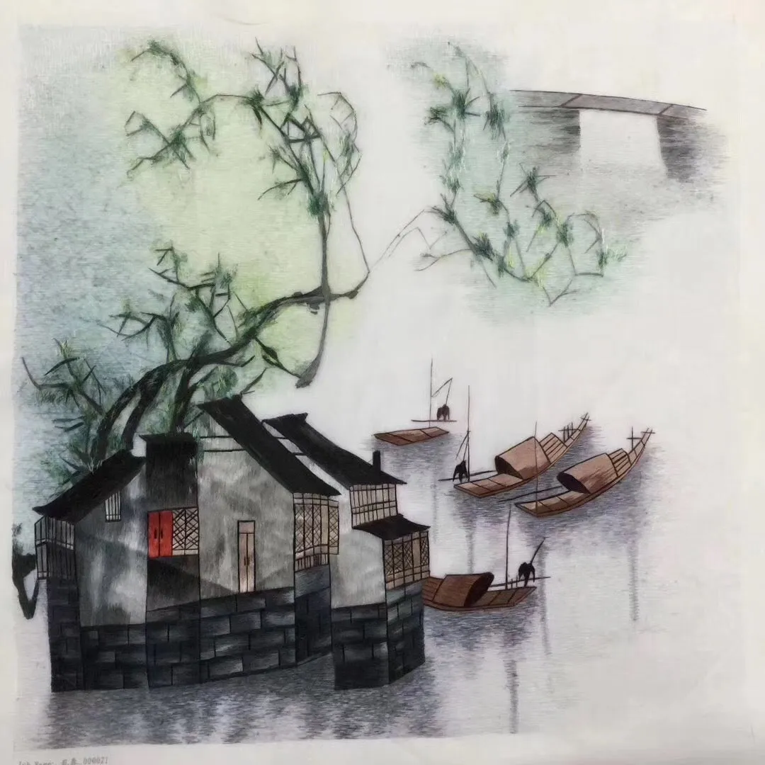 Delicate Hand Suzhou Embroidery Silk Art:watertown house vase flower still life 50cm 3918