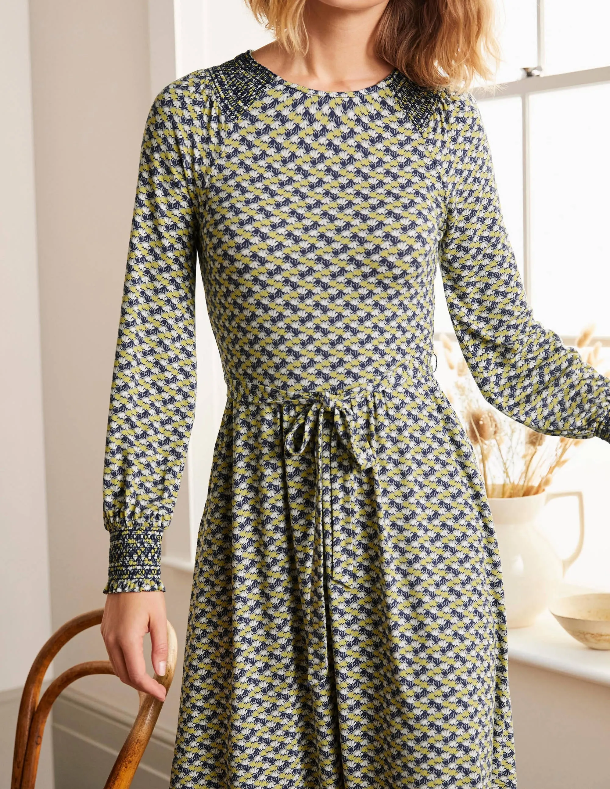 Grace Smocked Jersey Dress-Grey Squirrel, Water Lilies