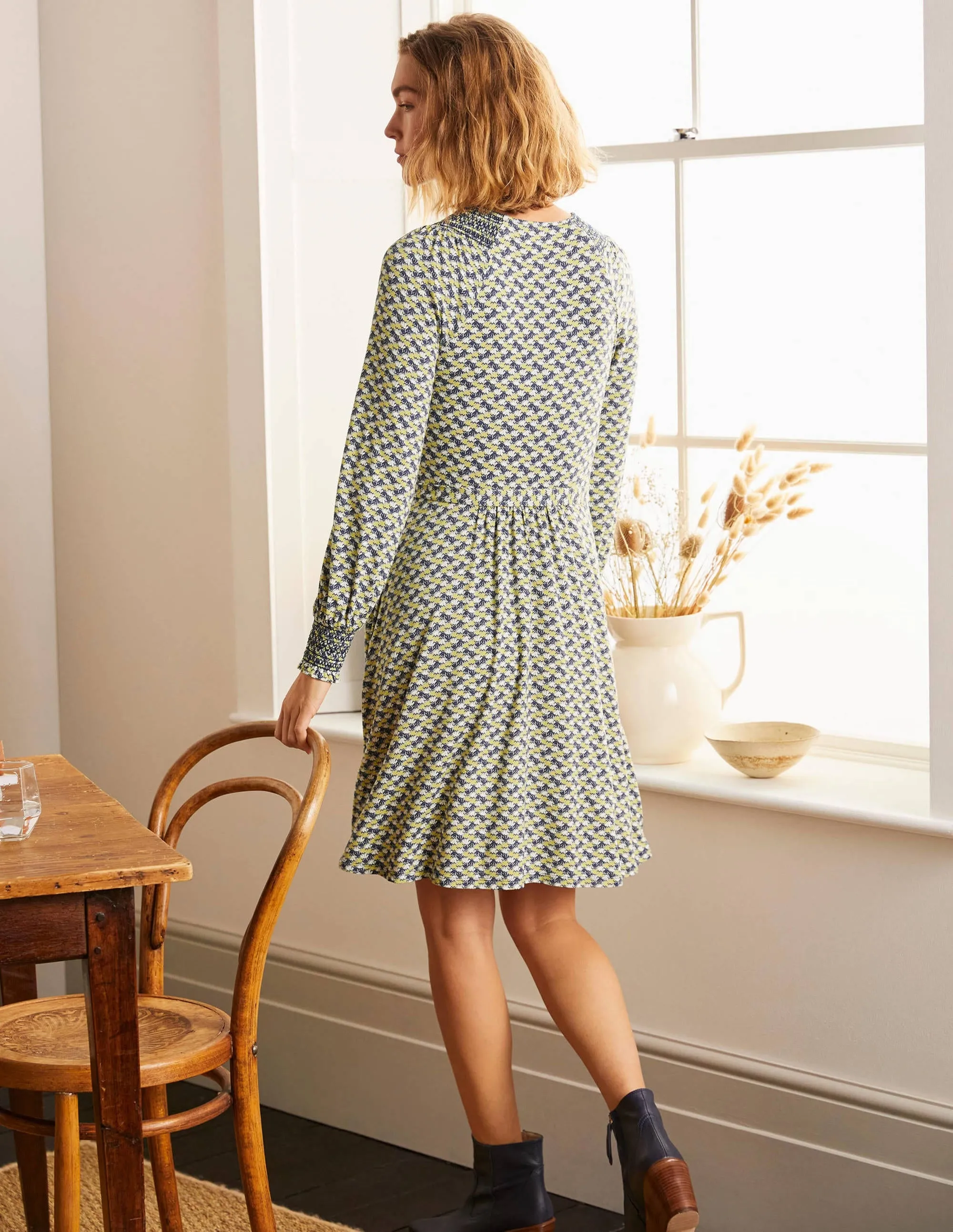 Grace Smocked Jersey Dress-Grey Squirrel, Water Lilies