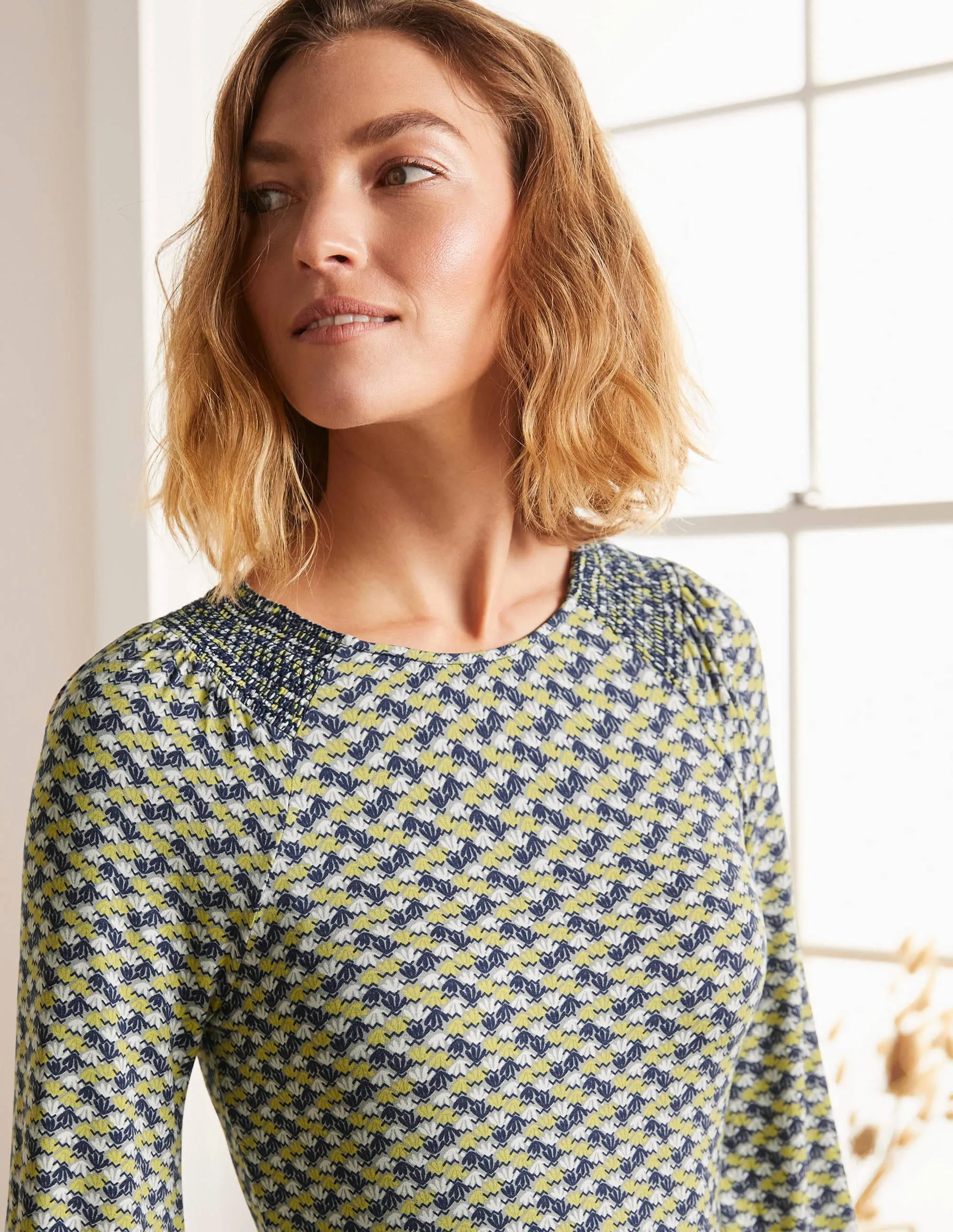 Grace Smocked Jersey Dress-Grey Squirrel, Water Lilies