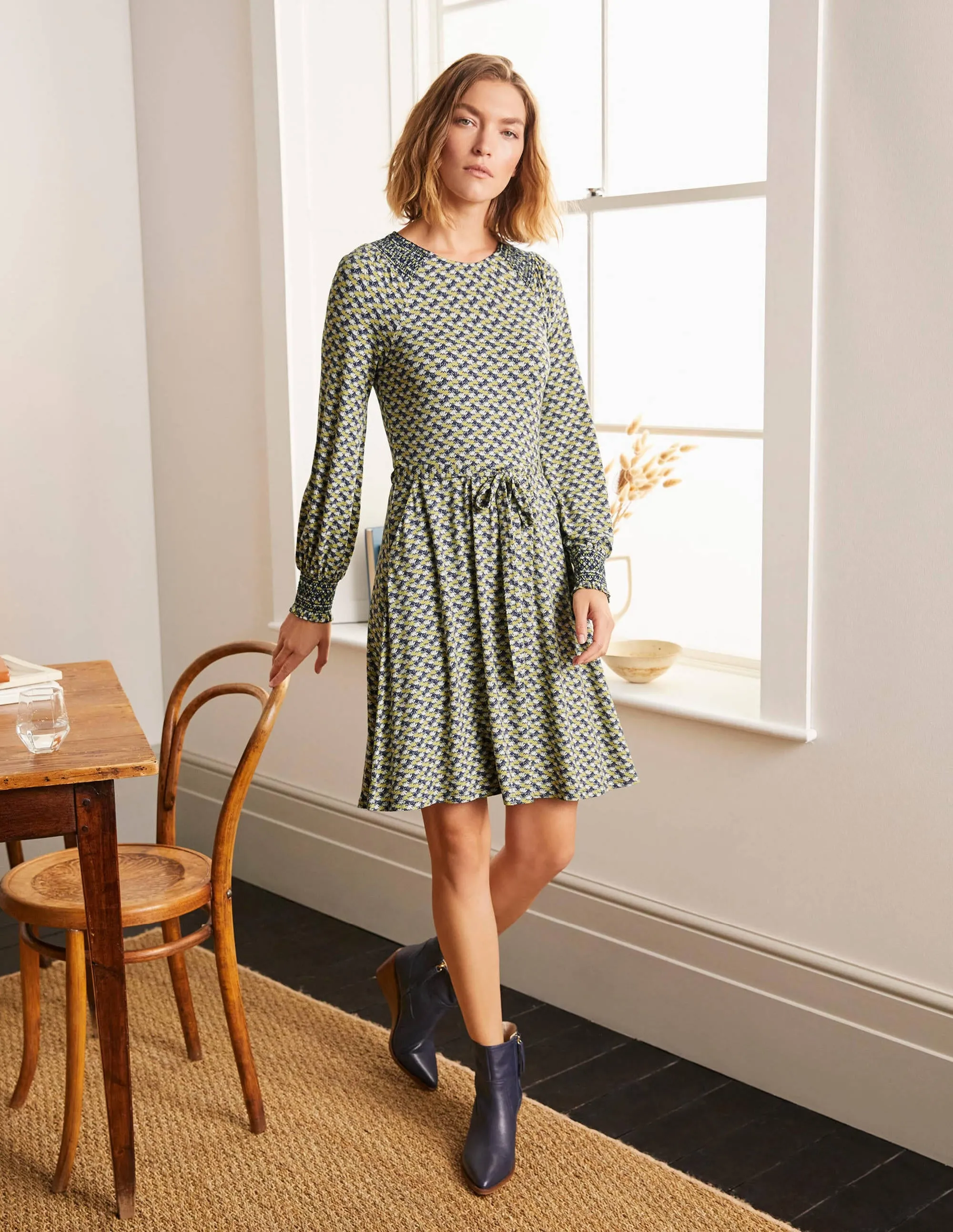 Grace Smocked Jersey Dress-Grey Squirrel, Water Lilies