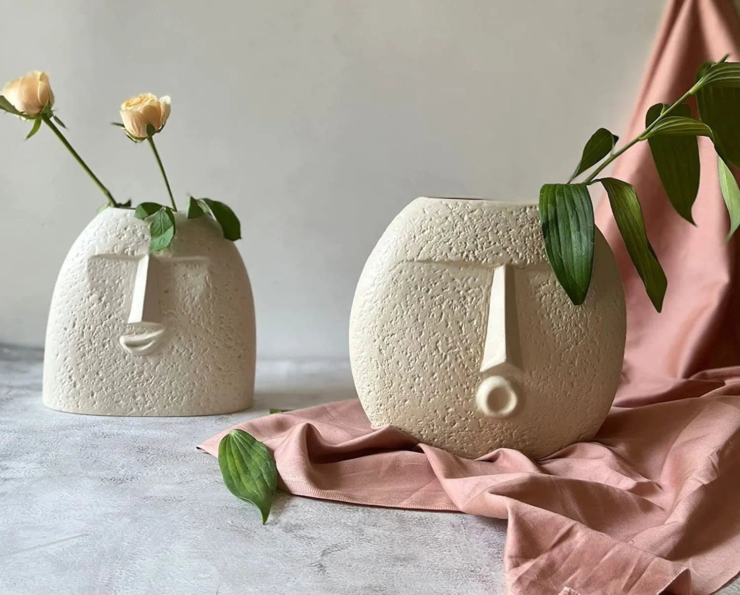 Greennest Ceramic Flower Vase | Set of 2 | Upbeat Face Vase 6 inch & Blowing Kiss Face Vase 6 inch (White, Rough Matte Finish) (White Set of 2)