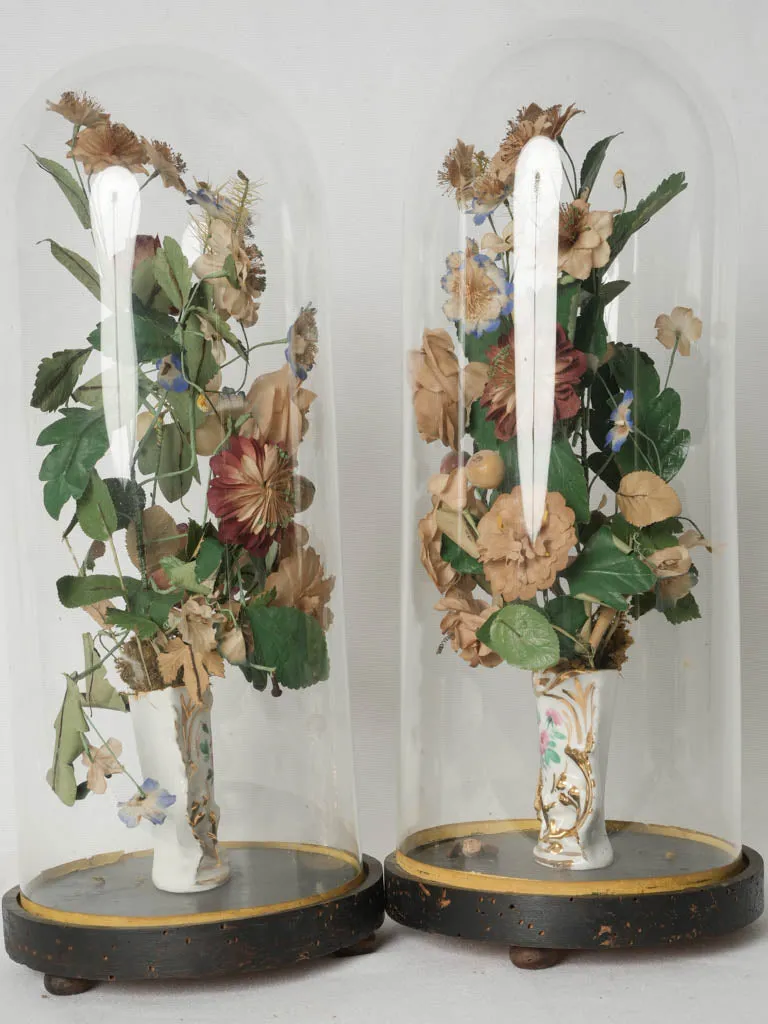 Pair of 1930s Old Paris porcelain bridal vases w/ floral paper bouquets in glass domes 19"