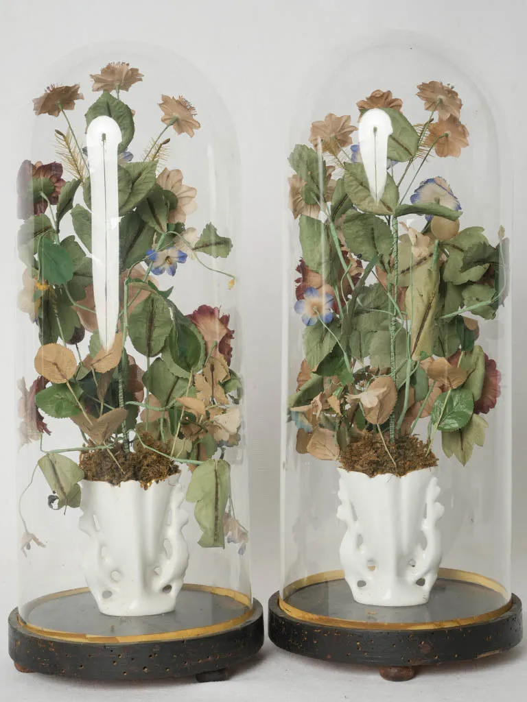 Pair of 1930s Old Paris porcelain bridal vases w/ floral paper bouquets in glass domes 19"
