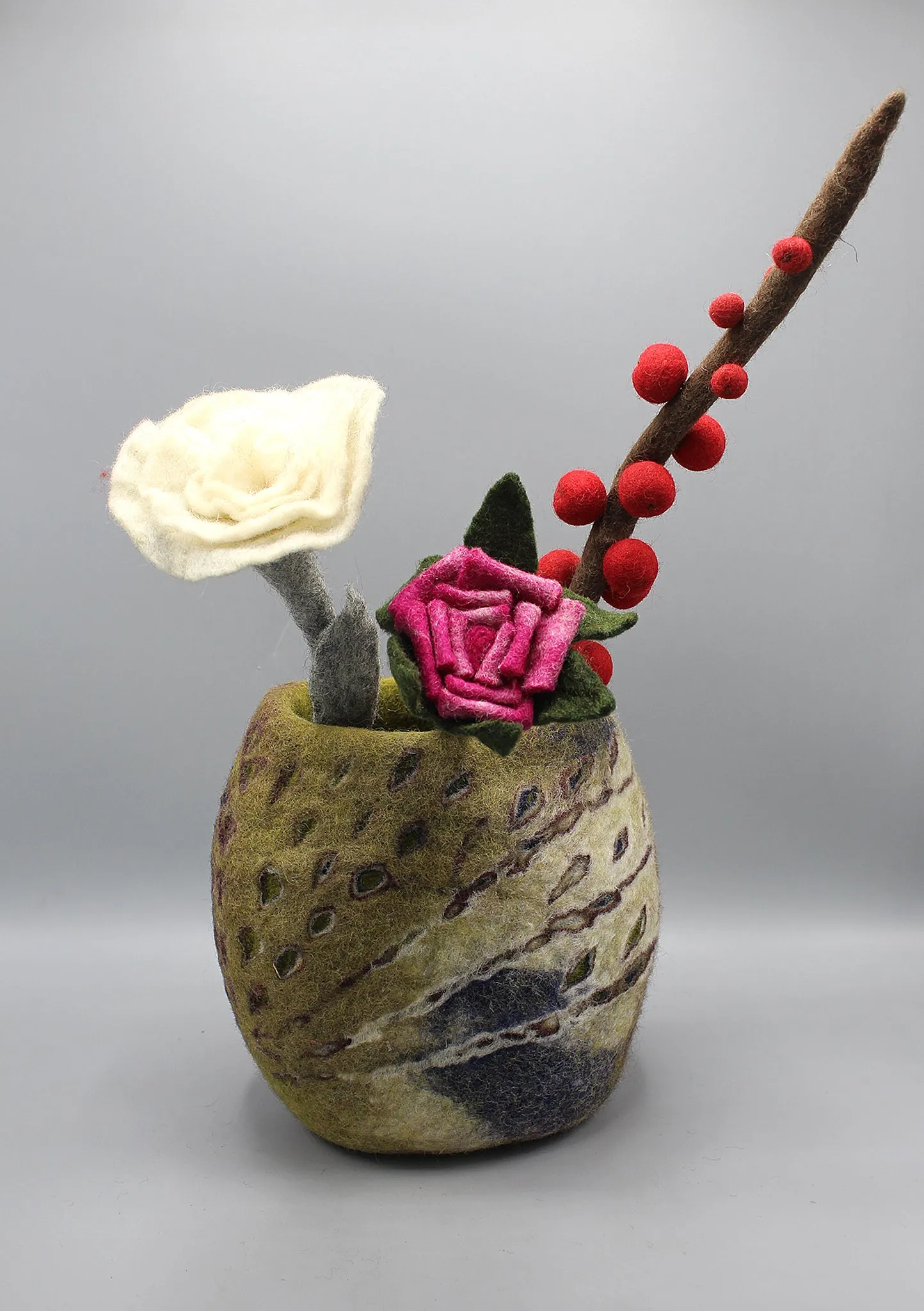 Pink Rose and White Felt Flowers with Felt Vase Home Decor