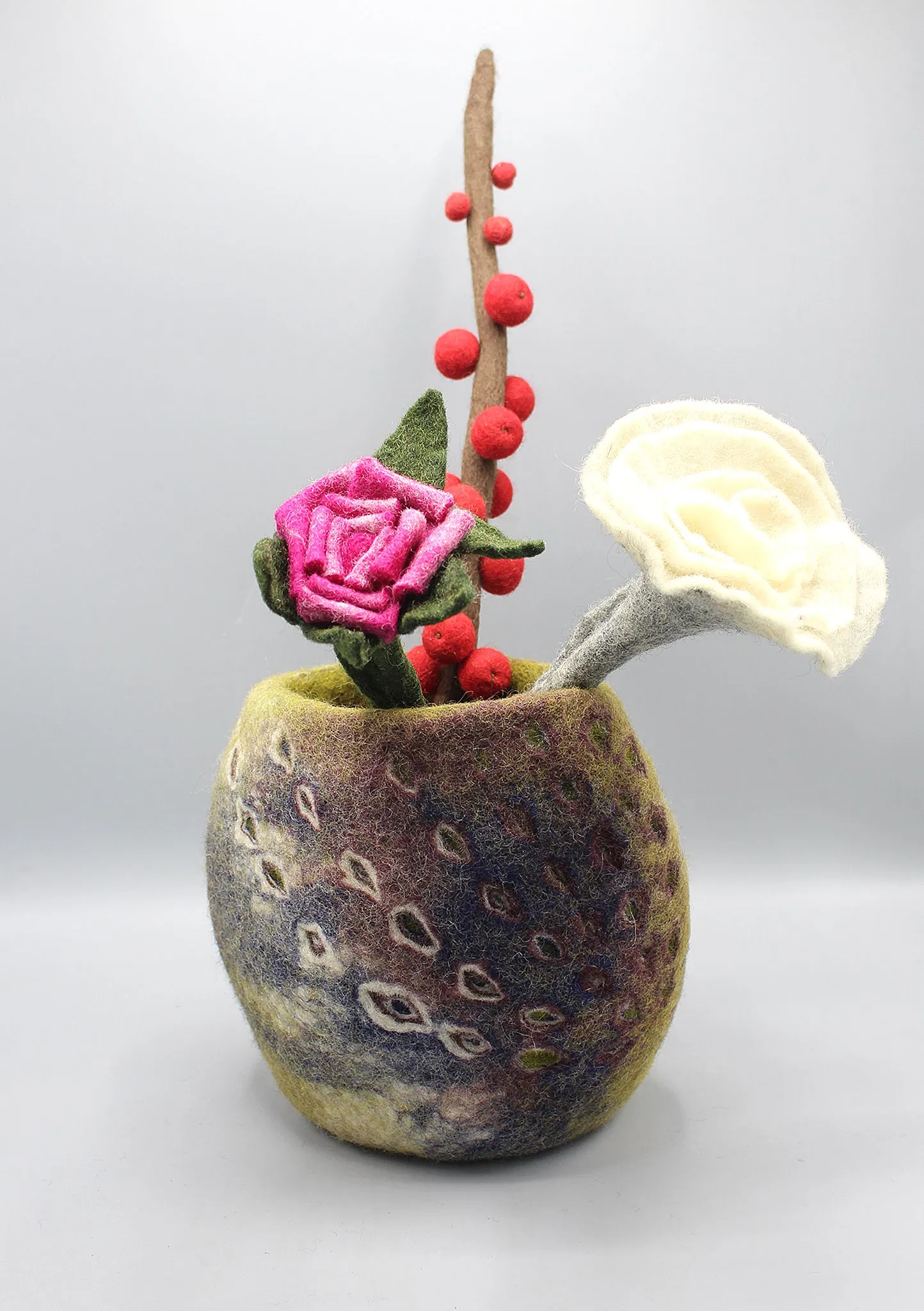 Pink Rose and White Felt Flowers with Felt Vase Home Decor