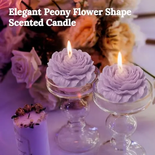 Purple Peony Flower Shape Candles for Women Friends Colleague Classmates Gift, 3 inch Pastel Aesthetic Scented Candle with Lavender Fragrance
