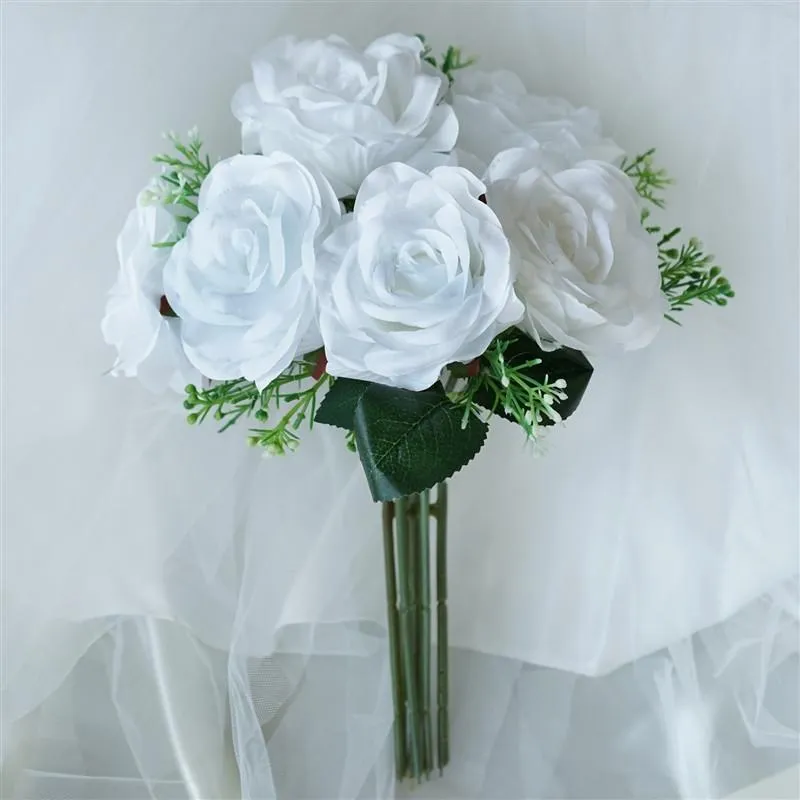 Rose & Baby Breath Assorted Bridal Bouquet Artificial Silk Flowers - White
