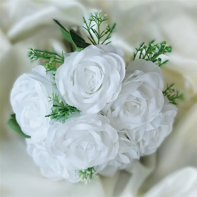 Rose & Baby Breath Assorted Bridal Bouquet Artificial Silk Flowers - White