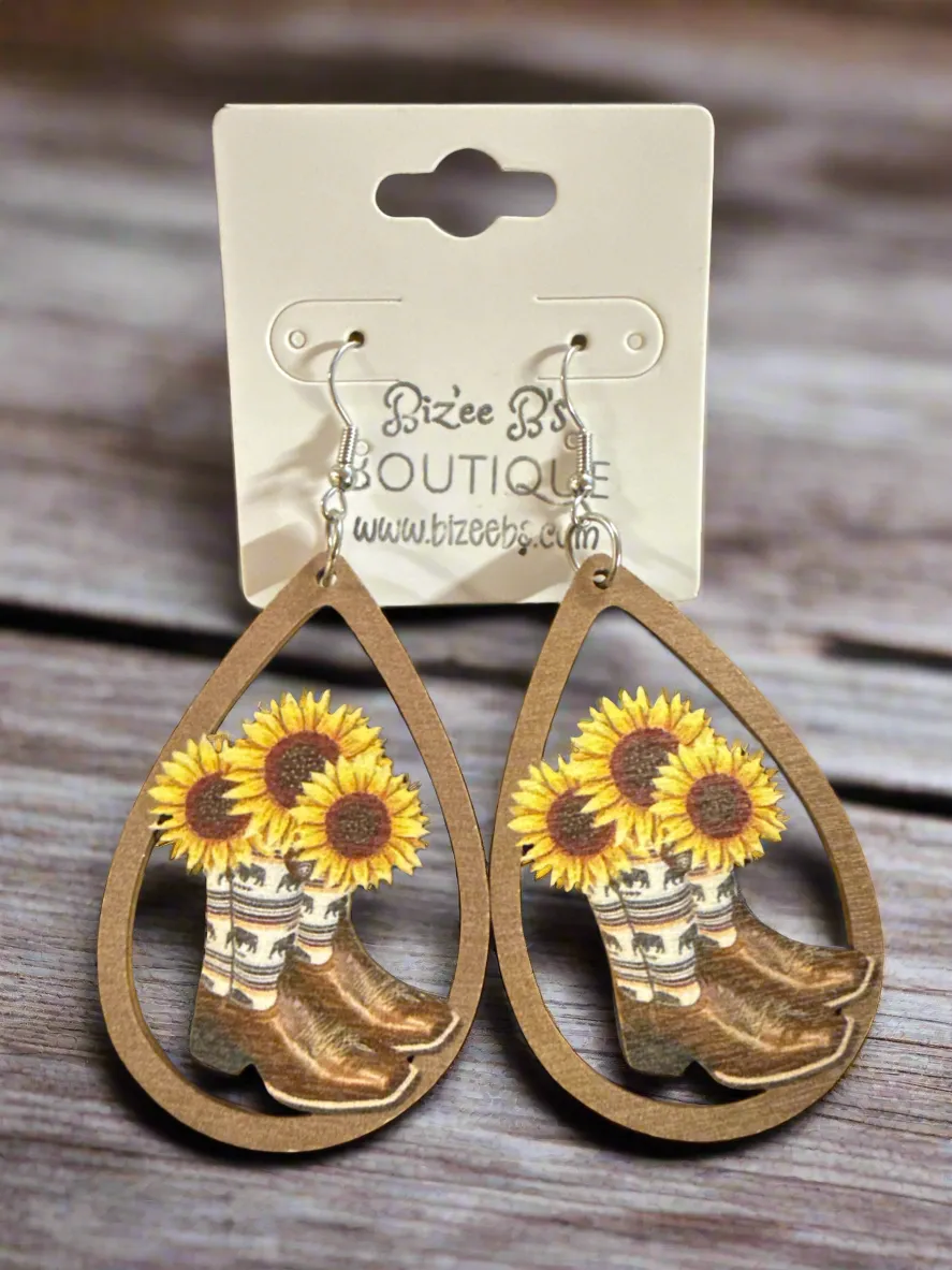 Sunflowers in Boots Teardrop Earrings