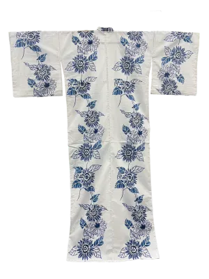 Women's PLUS size Cotton Yukata, Casual Kimono - White, Blue Sunflower
